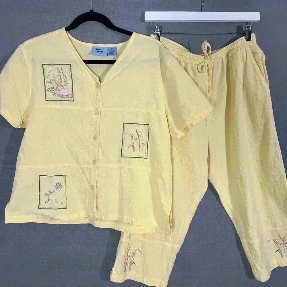 Vintage Jane Ashley Womens Shirt & Capri Pants 2Pc‎ Set Yellow Embroidered Large